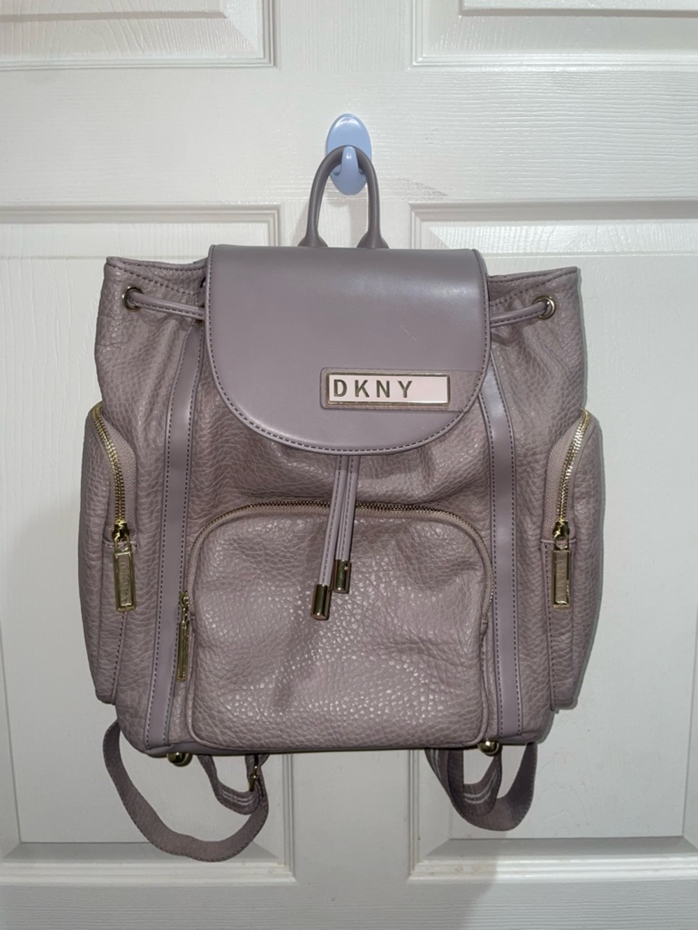 DKNY Taupe Gray Mauve Pebbled Leather Backpack Gold Hardware Multi Pocket